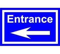 Entrance Sign With Left Directional Arrow Aluminium Composite Safety Sign 4 Colours 200mm x 135mm. (Blue/White)