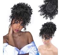 ENTRANCED STYLES Drawstring Ponytail with Bangs Afro Puff Ponytail Extensions for Women Short Curly Puff Ponytail with Bangs Clip in Wrap Updo Hairpiece for Women(1B)
