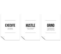 Entrepreneur Gift Motivational Office Decoration Set of 3 A4 Minimalist Wall Art Poster Prints Execute, Grind, & Hustle