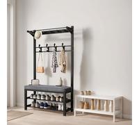 Entryway Bench with Coat Rack & Shoe Storage - Freestanding Hall Tree, Metal Frame with 9 Hooks & 2-Tier Shoe Shelves for Hallway & Entryway