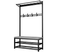 Entryway Coat Rack and Shoe Tree with Bench, Versatile Bamboo Clothing Stand for Hallway, Living Room - Stylish Black (12.9" D x 31.5" W x 67.7" H)