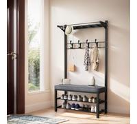 Entryway Coat Rack with Shoe Bench 2-Tier Shoe Sto and 9 Hoo Hall Tree for Home & Office Cushed Bench for Coats Hats Shoes (Black 80cm)