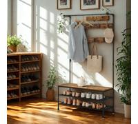Pirlo Plush Entryway Hall Tree Coat Rack Stand With Shoe Storage & Hooks in Brown Pirlo Plush Brown