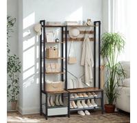 Pirlo Plush Entryway Hall Tree Coat Rack Stand With Shoe Storage & Shelves in Brown Pirlo Plush Brown