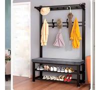 Entryway Hall Tree with Shoe Bench, Metal Coat Rack with Cushion, Stylish Home for Coats & Shoes, 100cm Black Entryway Storage Solution