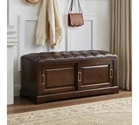Entryway Shoe Storage Ottoman Bench - Ash Wood American Farmhouse Shoe Cabinet with Sliding Doors & Leather Cushion Stylish Hallway Storage Stool (Dark Walnut 130cm/51.2in)