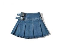 Entwicklt Pleated Denim Mini Skirts - Vintage Belt A-Line Zipper Bottom Woman Female for Ladies Sexy Bodycon Casual Daily Wear Above Knee, Mini Skirt Streetwear,Style 1,M