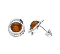 Entwined Circles Fancy Framed Amber Sterling Silver Stud Earrings for Women Ladies Girls - Unusual Amber Ear Studs - Amber Jewellery. 080438