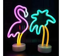ENUOLI LED Flamingo and Coconut Palm Tree Neon Signs LED Battery/USB Powered Neon Light with Holder Base Decoration Neon Light for Bedroom Home Wedding Christmas Birthday Holiday Bar Party Decoration