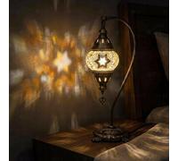ENVA Collection Swan Neck Table Lamp - Turkish Mosaic Lamp - Amber Star Pattern Natural Glass - Moroccan Boho Bedside Light