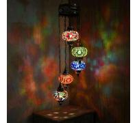 ENVA Multicolor Turkish Mosaic Chandelier - 5 Globe Hanging Mosaic Lamp - Handmade Moroccan Pendant Light - Antique Brass Ceiling Fixture - Bohemian Decor