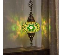 ENVA Turkish Mosaic Lamp - Green Hanging Pendant Light - Handmade Moroccan Glass Chandelier - Antique Brass Ceiling Fixture - Boho Decor