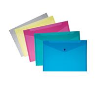 Envelope with Button Size A5, Polypropylene Document Holder with Press Closure, Assorted Colours, Pack of 5