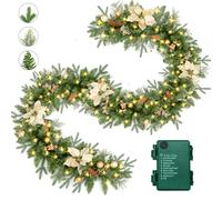 ENVEN 9FT Christmas Garland Pre-lit 50LED Lights Holiday Artificial Decor for Stairs Mantle Door Indoor Outdoor Garland with Battery Operated Timer (Gold Poinsettia)