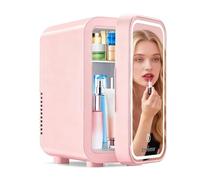 Enventor Mini Fridge 6L/ 8 Can, Skincare Fridge With Dimmable LED Light Mirror, AC+12V DC Power Cooler & Warmer for Bedrooms, Home, Car/Cosmetics, Skin Care and Food, Pink
