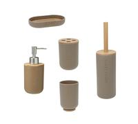 Envenzo Bathroom Accessories Set with Bamboo Accents, Includes Soap Dispenser, Toothbrush Holder, Tumbler, Toilet Brush, Soap Dish, 5 Pc Set, Green, Pink, Taupe (Dusty Pink)