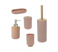 Envenzo Bathroom Accessories Set with Bamboo Accents, Includes Soap Dispenser, Toothbrush Holder, Tumbler, Toilet Brush, Soap Dish, 5 Pc Set, Green, Pink, Taupe (Taupe)