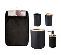 Envenzo Bathroom Collection Set with Bath Mat, Waste Bin, Tumbler, Toothbrush Holder, Soap Dispenser, 3 Piece or 5 Piece, Ribbed Design with Bamboo Accents, White, Grey and Black (BLACK 5 PIECES)