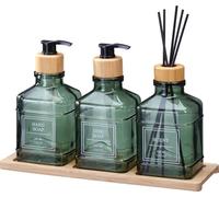 Envenzo Bathroom Dispenser Set, 4 Pieces with Glass Soap Dispensers, Reed Diffuser, Bamboo Tray, 350ml, Green (Green)