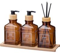 Envenzo Bathroom Dispenser Set, 4 Pieces with Glass Soap Dispensers, Reed Diffuser, Bamboo Tray, 350ml, Green (Brown)