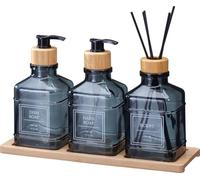 Envenzo Bathroom Dispenser Set, 4 Pieces with Glass Soap Dispensers, Reed Diffuser, Bamboo Tray, 350ml, Green (Blue)