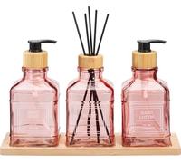 Envenzo Bathroom Dispenser Set, 4 Pieces with Glass Soap Dispensers, Reed Diffuser, Bamboo Tray, 350ml, Green (Pink)