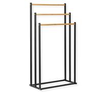 Envenzo Portable Iron & Bamboo Towel Rack with 3 Bars - Powder Coated White or Black, 450x230x850mm (Black)