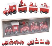 Envenzo Wooden Christmas Train Set, Red and White Decorative Holiday Locomotive with 5 Cars, Snowflake Design, Traditional Christmas Decor 2 designs set