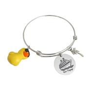 Envious Gems Bon Voyage All Stainless Steel Engraved Cruise Ship Design 24mm Disc with Palm Tree and Rubber Duck Charm Adjustable Wire Bracelet