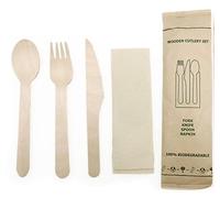 Enviropack 50 Individually Wrapped Wooden Cutlery Sets, Biodegradable Cutlery Sets. Each Set Contain Fork, Knife, Spoon and Napkin Wrapped in Kraft Paper Bags