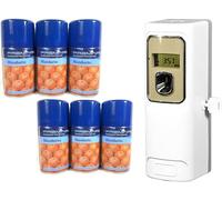 Envirotec Automatic Air Freshener Dispenser with LCD Display, 6 Mandarin Refill Cans (3000 Sprays Each), Programmable Timer 1-60 Min, Wall Mounted or Freestanding, Includes 2 AA Batteries, White