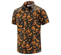 ENVMENST Halloween Button Up Shirt for Men Fun Pumpkins Printed Casual Short Sleeve Hawaiian Aloha Shirts, Black-orange, XXL