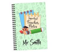 EnvyFone Personalised A5 Notebook - Important Teacher Notes - Cute Owl - Add Name - Teacher Present, Teaching Assistant, Thank You Best Leaving Gift (Green)