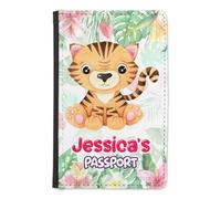 EnvyFone Personalised Baby Passport Cover Holder - Cute Zoo Animals - Any Name - Children Kids First Passport - Travel Gift for Toddlers, Holiday Accessory (Tiger)