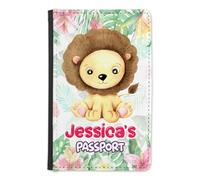 EnvyFone Personalised Baby Passport Cover Holder - Cute Zoo Animals - Any Name - Children Kids First Passport - Travel Gift for Toddlers, Holiday Accessory (Lion)