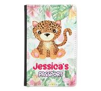 EnvyFone Personalised Baby Passport Cover Holder - Cute Zoo Animals - Any Name - Children Kids First Passport - Travel Gift for Toddlers, Holiday Accessory (Leopard)