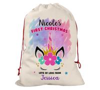 EnvyFone Personalised FIRST Christmas Santa Sack - UNICORN - Xmas Gift Presents Bag - Kids Baby Girls - Large or Small