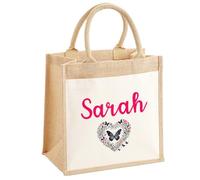 EnvyFone Personalised Jute Bag - Butterfly, Heart, Floral - Eco Friendly, for Work, Lunch, Office, Teacher, Ladies, Womans, Stylish Shopper Tote, 3 Sizes, Small Medium or Large