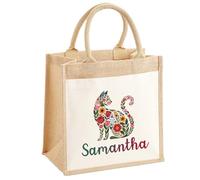 EnvyFone Personalised Jute Bag - Floral Cat, Kitten Design - Eco Friendly, for Work, Lunch, Office, Teacher, Ladies, Womans, Stylish Shopper Tote, 3 Sizes, Small Medium or Large - Gift for Cat Lovers