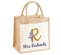 EnvyFone Personalised Jute Bag with Name and Floral Initial, Purple and Gold, Eco Friendly, for Work, Lunch, Office, Teacher, Womans Stylish Shopper Tote, Gift, 3 Sizes, Small, Medium or Large