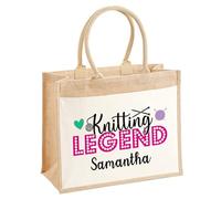 EnvyFone Personalised Knitting LEGEND Jute Bag - Eco Friendly, Ladies, Womans, Stylish Shopper Tote Bag, 3 Sizes - Knitting or Crochet, Craft Club, Gift