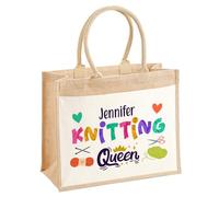 EnvyFone Personalised Knitting Queen Jute Bag - Eco Friendly, Ladies, Womans, Stylish Shopper Tote Bag, 3 Sizes - Knitting or Crochet, Craft Club, Gift