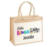 EnvyFone Personalised Lucky Bingo Lady Jute Bag - For Dabbers and Bingo Accessories - Eco Friendly, Ladies, Womans, Stylish Shopper Tote Bag, 3 Sizes - Gift for Bingo Lovers