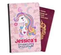 EnvyFone Personalised Passport Cover Holder Children Design - Cute Unicorn with Flower Heart Pink - Any Name - Boys or Girls Kids - Holiday Accessory Gift