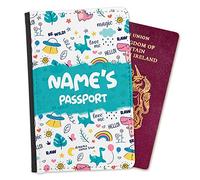 EnvyFone Personalised Passport Cover Holder Children Design - Dinosaur & UFO Alien - Any Name - Boys or Girls Kids - Holiday Accessory Gift