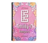 EnvyFone Personalised Passport Cover Holder - Pink Flowers - with Name and Initial - Travel Accessories - Womans Girls Gift
