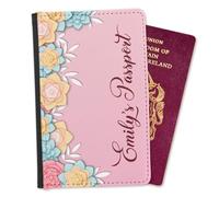 EnvyFone Personalised Passport Cover - Pink Floral with Custom Name - Travel Holiday Document Holder - Ladies Womans Girls Flowers Girly Gift