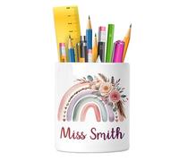 EnvyFone Personalised Teacher Pen Pot - Custom Watercolour Floral Boho Rainbow, Desk Organiser for School, Nursery or Office - End of Term Gift for Teaching Assistant, TA - Ceramic Pencil Holder