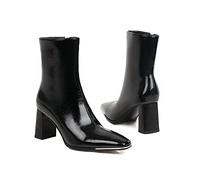 ENWIND Ankle High Boots for Women Square Toe Mid-Calf Boots Block Chunky Heel Short Booties Side Zipper Patent Leather Dress Boots,Black Plush Lining,14 UK