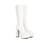 ENWIND Black Platform Boots Block Heeled Knee High Boots for Women Square Toe Chunky Mid-Calf Boots with Side Zipper,White,1 UK